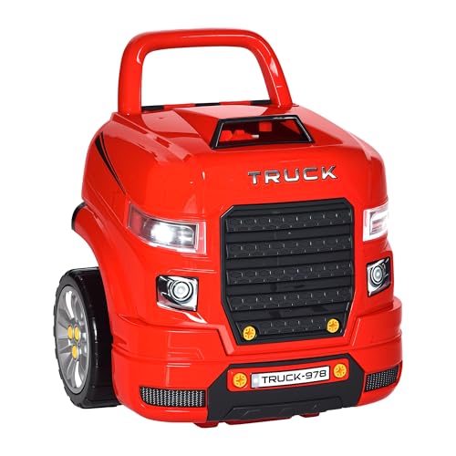 Qaba Truck Engine Toy Kids Mechanic Set with Lights Sounds Steering Wheel and Horn Pretend Car Service Station Play with 61Piece Included Toy Engine Building Kit for Kids Aged 3 Red - Image 1
