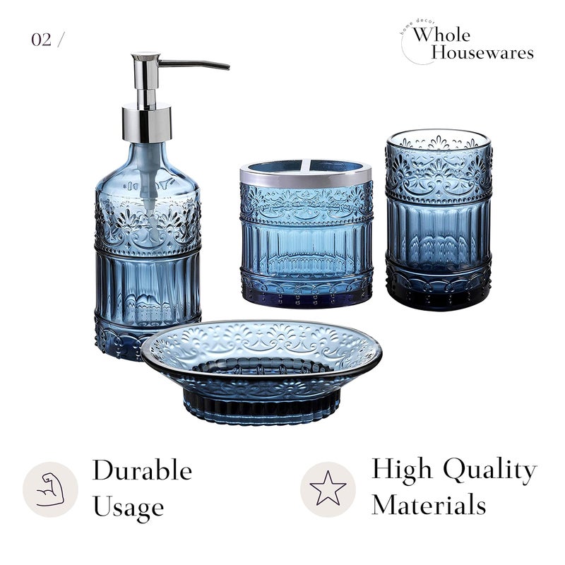 WHOLE HOUSEWARES 4-Piece Bathroom Accessories Set - Blue Glass Decor Set - WHOLE HOUSEWARES Soap Dispenser, Toothbrush Holder, Vanity Tray and Jar - Elegant Boho Bathroom Countertop Organizer - Image 5