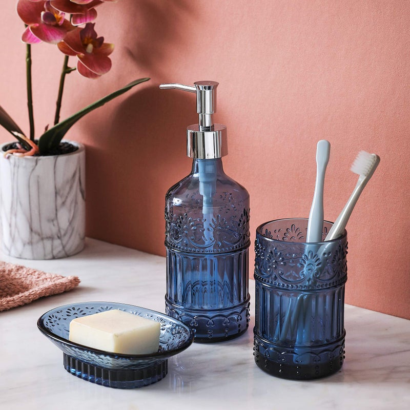 WHOLE HOUSEWARES 4-Piece Bathroom Accessories Set - Blue Glass Decor Set - WHOLE HOUSEWARES Soap Dispenser, Toothbrush Holder, Vanity Tray and Jar - Elegant Boho Bathroom Countertop Organizer - Image 3