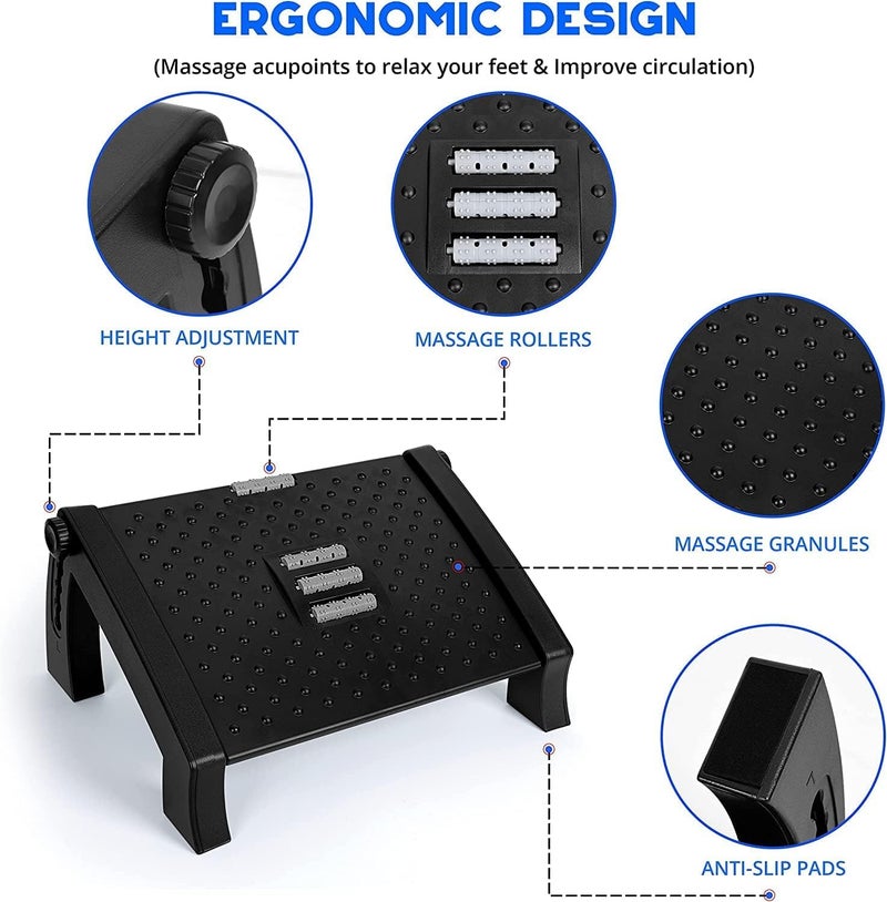 divinezon 6 Point Adjustable Underdesk Footrest with Foot Massager Roller 345 X 28 X 18 CM Black - Image 4