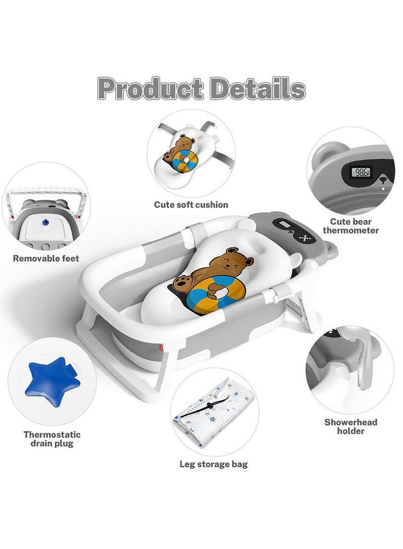 Hanayo Baby Bathtub Collapsible Baby Bathtub for Newborn Portable Infant Bathtub with Thermometer & Soft Floating Cushion  Water Plug And Anti Slip Support Legs for Newborn to Toddler 0-36 Months(Grey) - Image 2