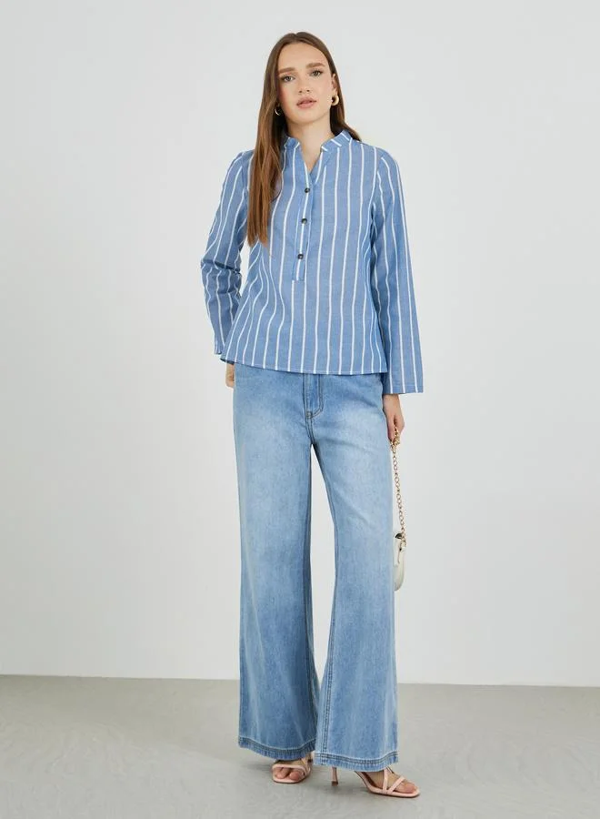 تايك تو قميص بأزرار أمامية مخطط بياقة واقفة