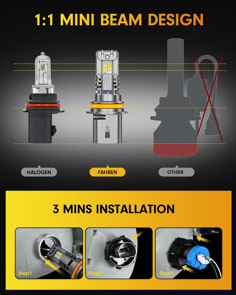 FAHREN Upgraded 9007/HB5 Led Bulbs, 12,00% Brighter 90,000LM Ultra Brightness, Real 1:1 Mini Size,6500K Cool White,IP68 Waterproof fog bulbs, Plug and Play, Pack of 2 - Image 3