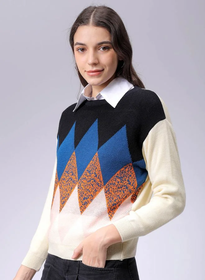 Freehand Women Relaxed Fit Argyle Turtle Neck Sweater