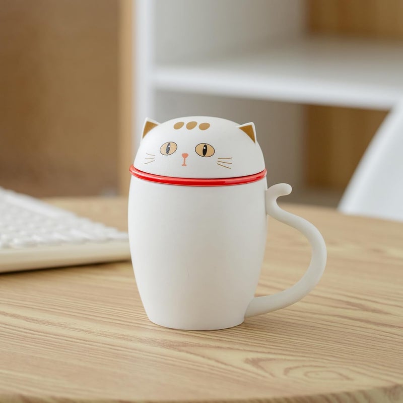 HEER Ceramic Teacup with Infuser and LidCute Cat Tea Mug with Filter for Steeping Loose Leaf Office Coffee Mug Gift for Cat Lover White - Image 2