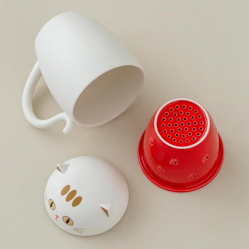 HEER Ceramic Teacup with Infuser and LidCute Cat Tea Mug with Filter for Steeping Loose Leaf Office Coffee Mug Gift for Cat Lover White - Image 4