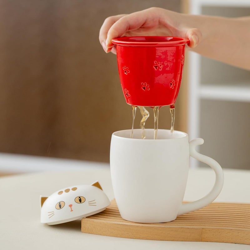 HEER Ceramic Teacup with Infuser and LidCute Cat Tea Mug with Filter for Steeping Loose Leaf Office Coffee Mug Gift for Cat Lover White - Image 3