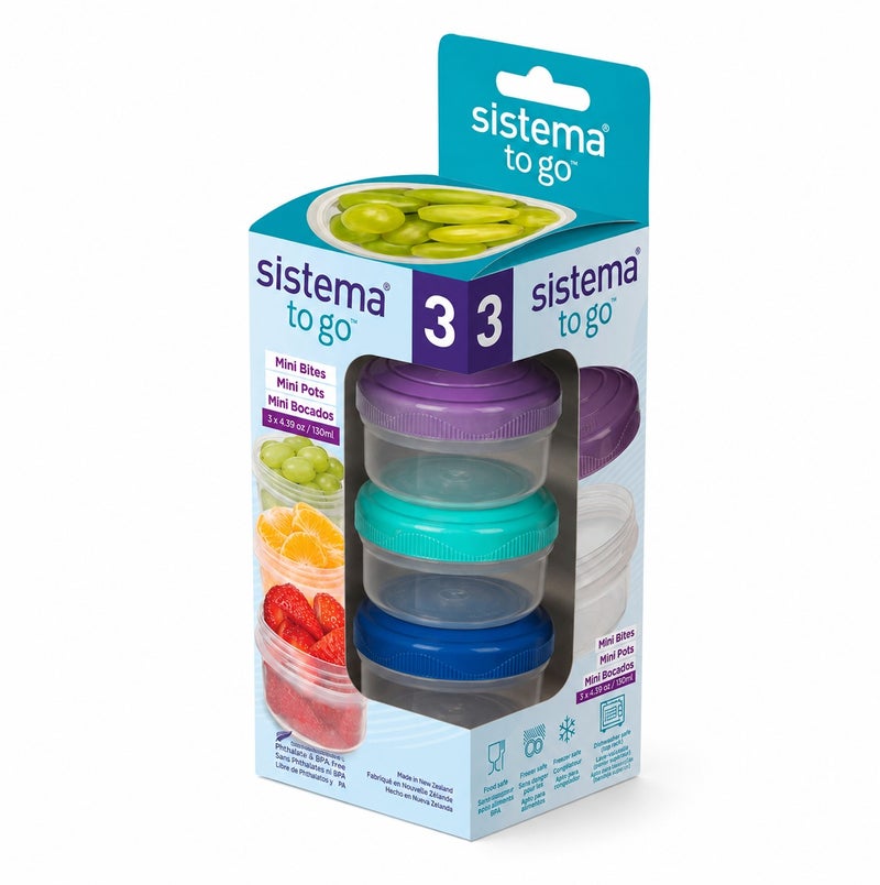 Sistema Mini Bites To Go 3 Pack 130ml – BPA Free Reusable Mini Food Storage Containers with Screw Lids, Stackable Snack Pots for Fruits, Nuts, Yogurt, Meal Prep & Lunch Boxes - Image 1