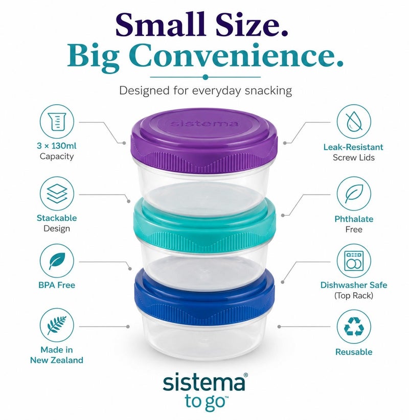 Sistema Mini Bites To Go 3 Pack 130ml – BPA Free Reusable Mini Food Storage Containers with Screw Lids, Stackable Snack Pots for Fruits, Nuts, Yogurt, Meal Prep & Lunch Boxes - Image 4
