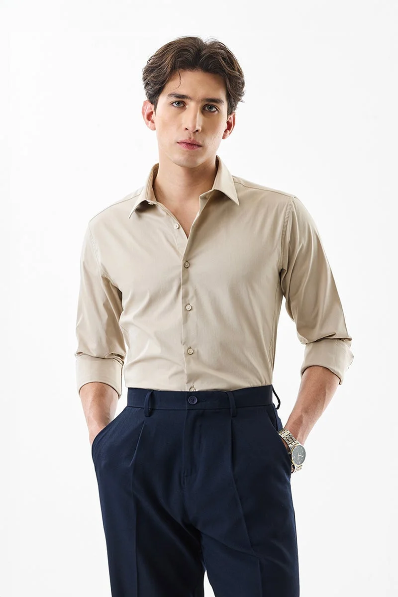 SNITCH Beige Solid Long Sleeve Slim Fit Formal Shirt