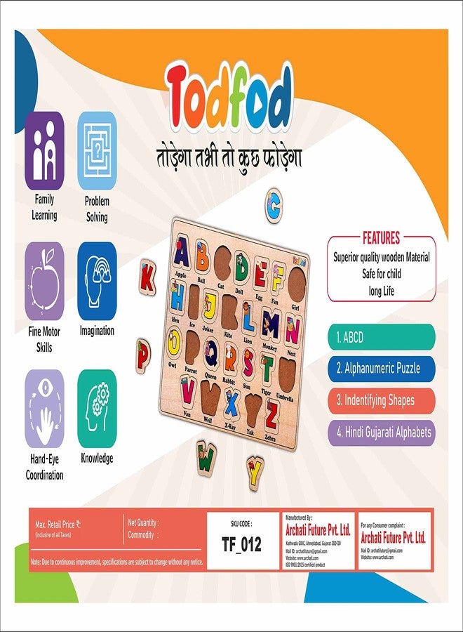 TodFod Wooden ABCD Alphabet Puzzle for Kids 2+ Years | A–Z Knob Learning Board with Pictures | Montessori Educational Toy for Toddlers, Brain Development Activity, BIS Certified India - Image 4
