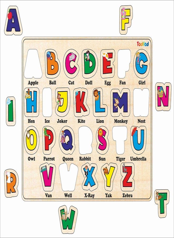 TodFod Wooden ABCD Alphabet Puzzle for Kids 2+ Years | A–Z Knob Learning Board with Pictures | Montessori Educational Toy for Toddlers, Brain Development Activity, BIS Certified India - Image 2