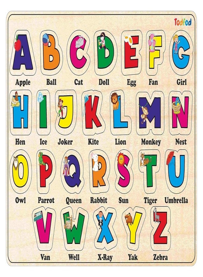 TodFod Wooden ABCD Alphabet Puzzle for Kids 2+ Years | A–Z Knob Learning Board with Pictures | Montessori Educational Toy for Toddlers, Brain Development Activity, BIS Certified India - Image 1