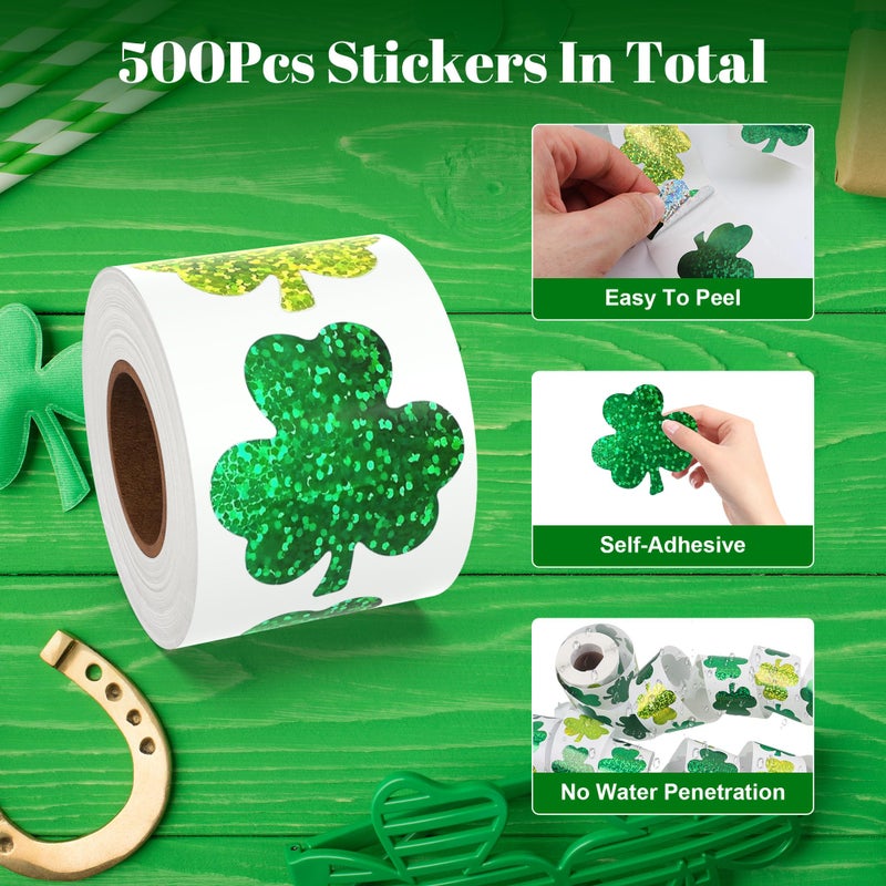 Lxzyu St Patricks Day Stickers, Shamrock Stickers Roll, Holographic Sparkly St. Patrick's Day Saint Patricks Day's Lucky Clover Self-Adhesive Laser Seal Labels Decor For Irish Party Envelope Cards Gift Bags - Image 3