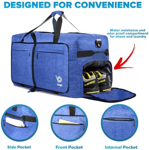 Bago Large Foldable Duffel Bags for Traveling Women & Men - 120L Packable Duffle Bag for Travel with Shoe Compartment - Water Repellant, Heavy Duty, Lightweight Folding & Collapsible (SnowDepBlue) - Image 4