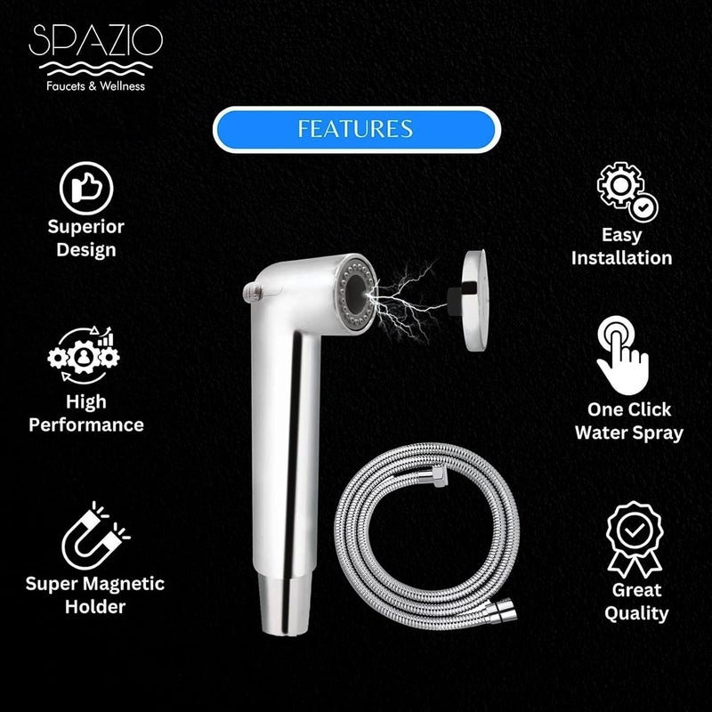 SPAZIO Pulse Series Brass 2 Way Bib Cock Wall Mount Set of 1 Magnetic Health Faucet SS 15m Tube for Bathroom Chrome Finish Silver Plated Twin Elbow Valve Faucet Wall Mount Installation Type - Image 4