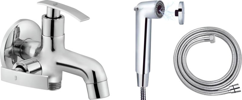 SPAZIO Pulse Series Brass 2 Way Bib Cock Wall Mount Set of 1 Magnetic Health Faucet SS 15m Tube for Bathroom Chrome Finish Silver Plated Twin Elbow Valve Faucet Wall Mount Installation Type - Image 1