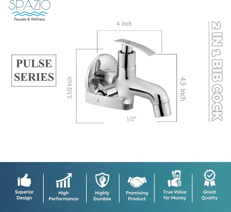SPAZIO Pulse Series Brass 2 Way Bib Cock Wall Mount Set of 1 Magnetic Health Faucet SS 15m Tube for Bathroom Chrome Finish Silver Plated Twin Elbow Valve Faucet Wall Mount Installation Type - Image 2