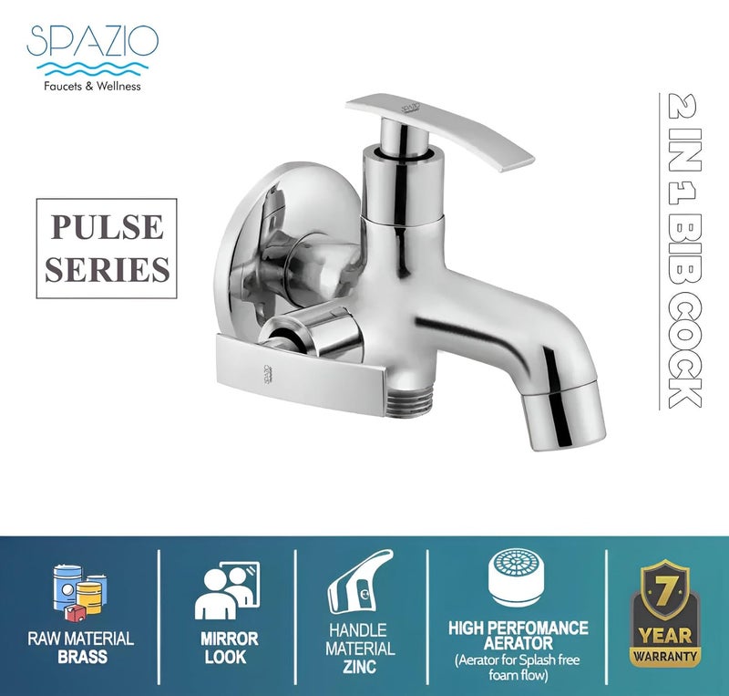 SPAZIO Pulse Series Brass 2 Way Bib Cock Wall Mount Set of 1 Magnetic Health Faucet SS 15m Tube for Bathroom Chrome Finish Silver Plated Twin Elbow Valve Faucet Wall Mount Installation Type - Image 3