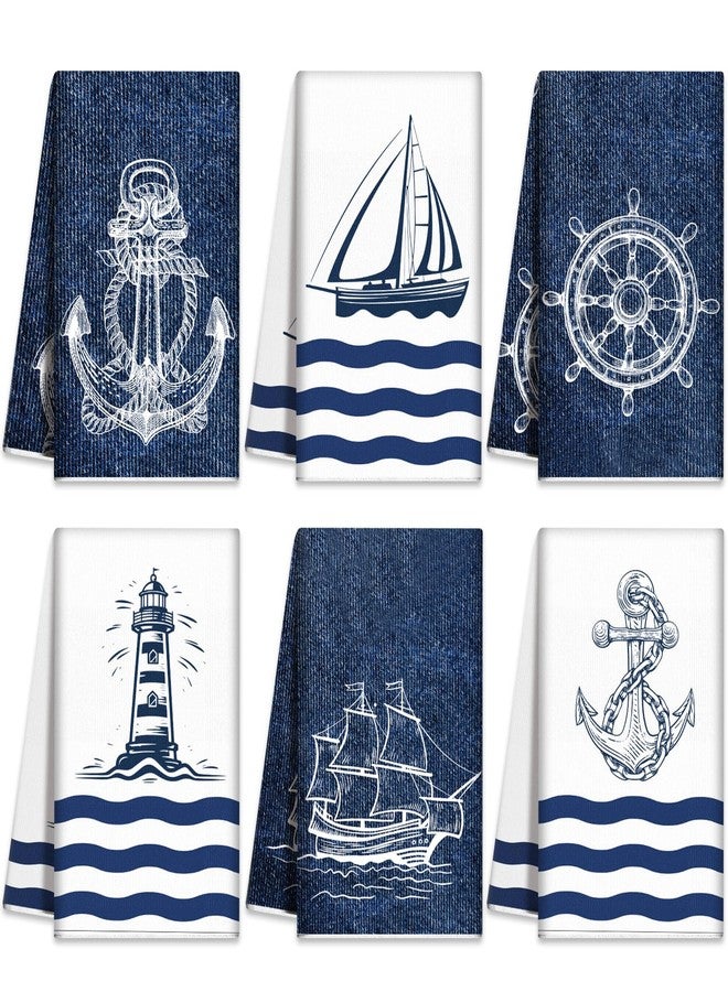 Bencailor 6 Pcs Sea Theme Kitchen Towels Set Beach Ocean Animal Hand Dish Towels Absorbent Soft Nautical Dishcloths for Spring Summer Kitchen Decoration(Navy Blue,Marine) - Image 1