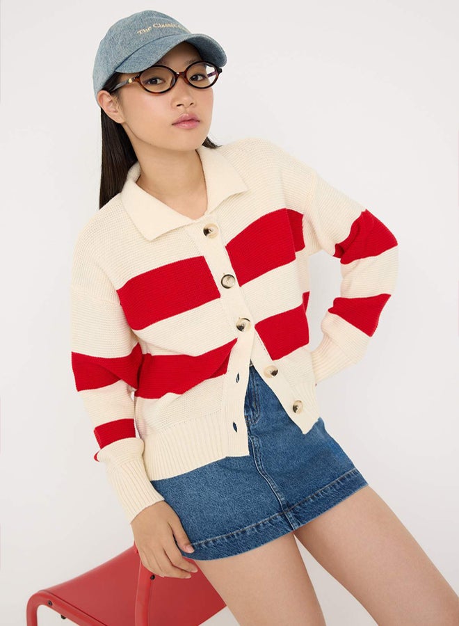 trendyol Teen Stone Striped Polo Neck Knitwear Cardigan - Image 1