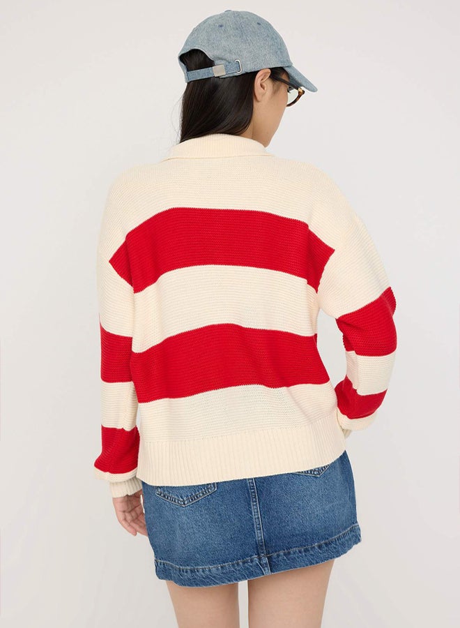 trendyol Teen Stone Striped Polo Neck Knitwear Cardigan - Image 4
