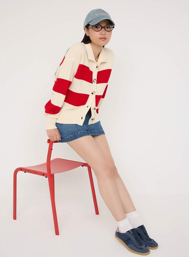 trendyol Teen Stone Striped Polo Neck Knitwear Cardigan - Image 2