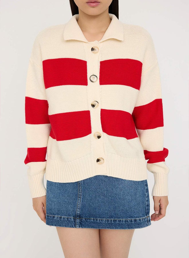 trendyol Teen Stone Striped Polo Neck Knitwear Cardigan - Image 3