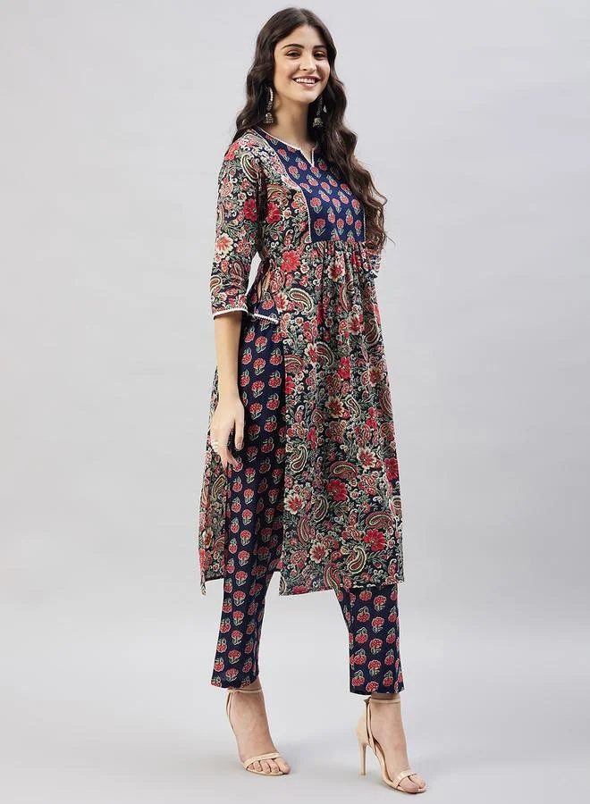 Winered Navy Blue Printed Kurta And Pants Set