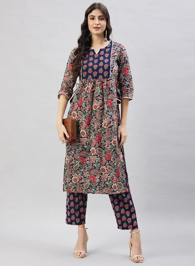 Winered Navy Blue Printed Kurta And Pants Set