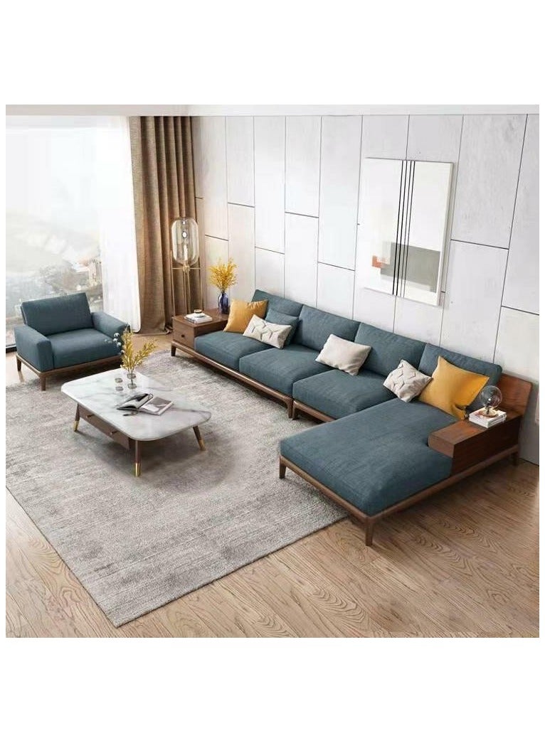 مردود السعودية طقم كنبة زاوية رُكنة بمساحة تخزين مع كرسي مفرد خشب طبيعي مع قماش كتان - أزرق بترولي - MS_CSet_00010 - Image 1