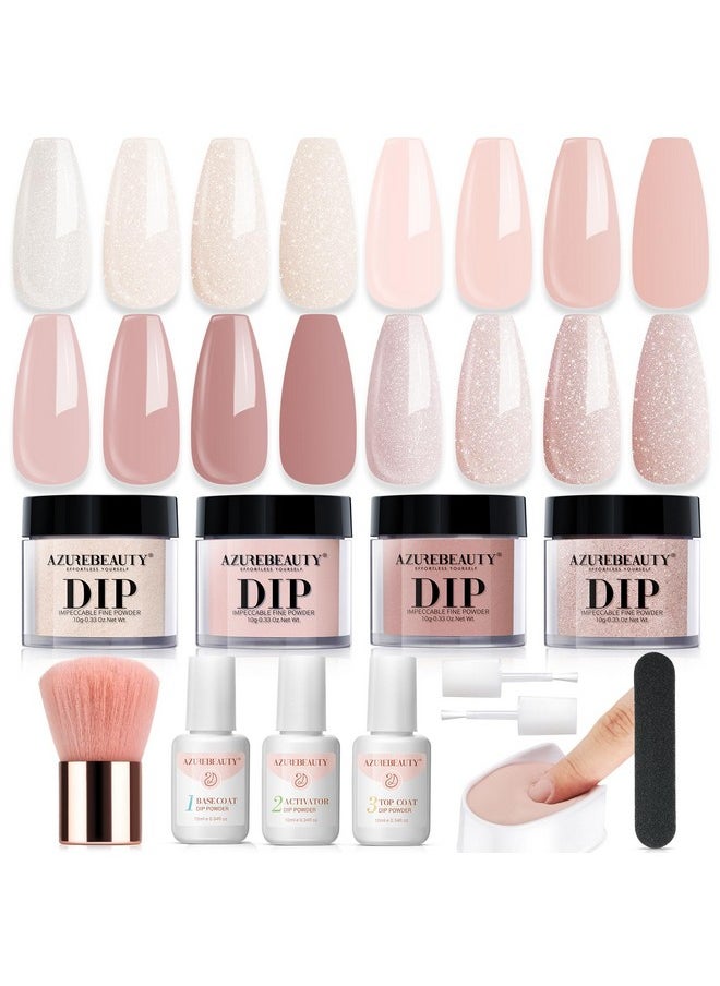 AZUREBEAUTY - Dip Powder Nail Kit Starter All Season Nude Skin Glitter 4 Colors Dipping Powder Liquid Set Recycling Tray With Base & Top Coat Activator For French Nail Art Manicure Salon Diy At Home. - Image 1