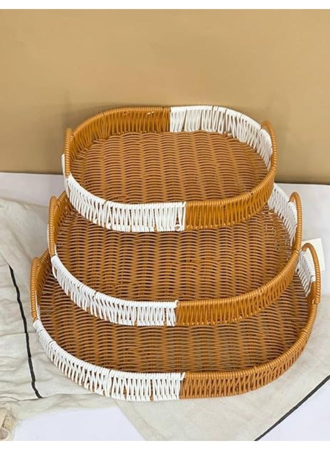 Premium 3-Piece Oval Woven Rattan Serving Trays Set - Handmade Boho Decorative Countertop Basket Baskets with Handles in Brown & White - Image 1