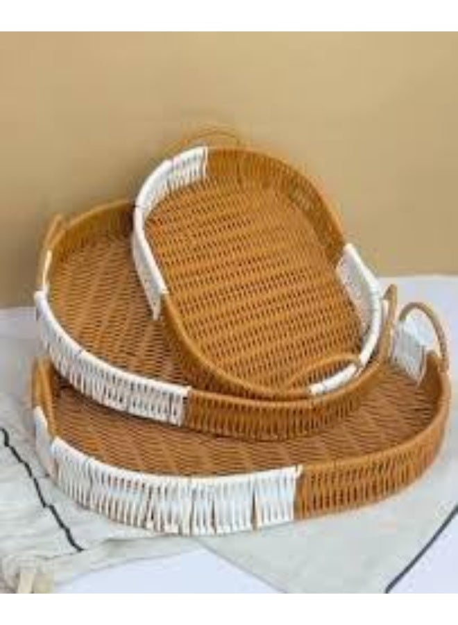 Premium 3-Piece Oval Woven Rattan Serving Trays Set - Handmade Boho Decorative Countertop Basket Baskets with Handles in Brown & White - Image 2