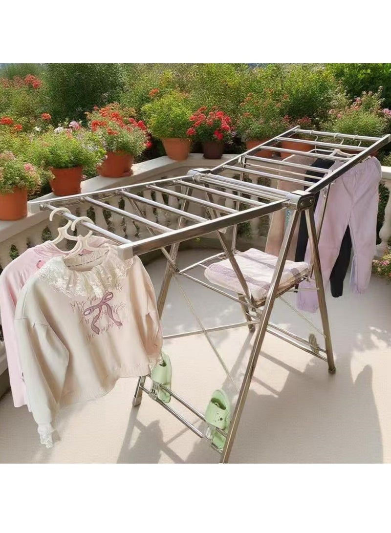 رف جفاف الملابس، رف جفاف ملابس من الفولاذ المقاوم للصدأ قابل للطي مع أجنحة قابلة للتعديل في الارتفاع، رف الملابس مع رف الأحذية، 132 رطلًا، استخدام داخلي وخارجي - Image 1