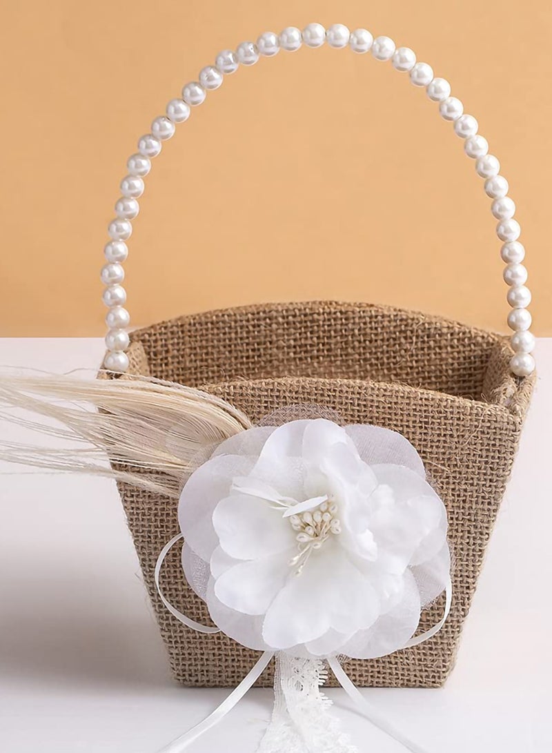 Excefore Flower Girl Basket, Rustic Basket Burlap Jute with Pearl Handle For Vintage Wedding Ceremony  - Image 1