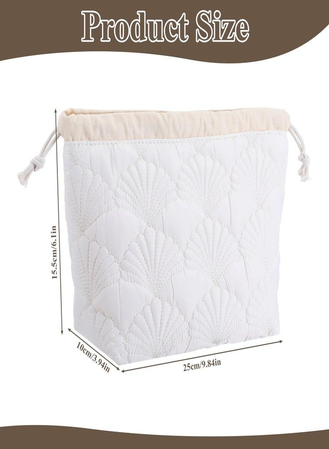 TARINI Quilted Drawstring Makeup Bag, Floral Seashell Cotton Toiletry Bag, Portable Cute Cosmetic Pouch, Travel Storage Organizer for Women Girls White - Image 2