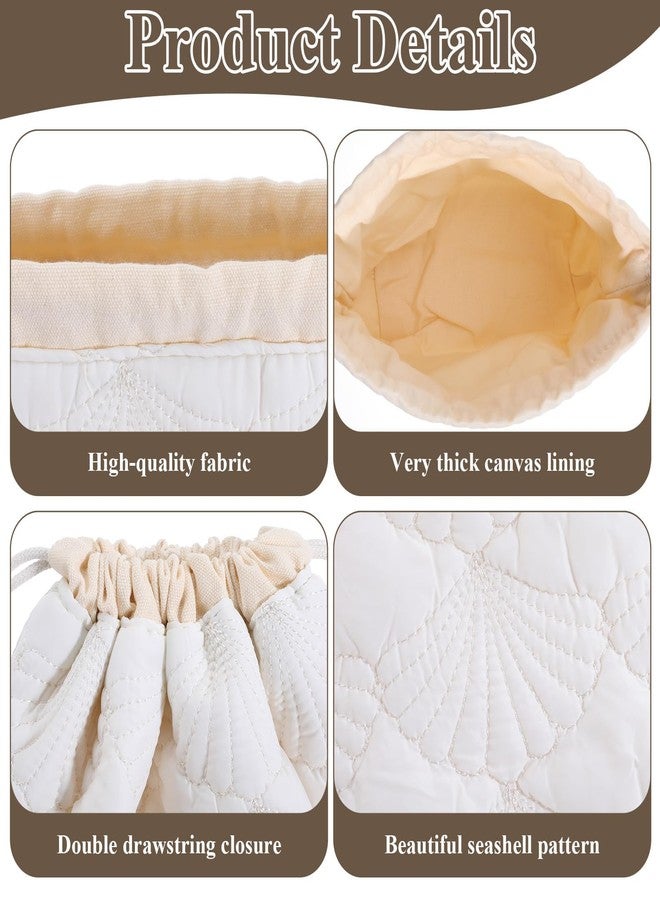 TARINI Quilted Drawstring Makeup Bag, Floral Seashell Cotton Toiletry Bag, Portable Cute Cosmetic Pouch, Travel Storage Organizer for Women Girls White - Image 3