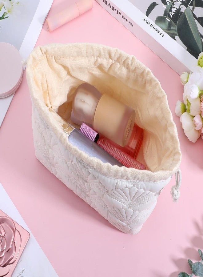 TARINI Quilted Drawstring Makeup Bag, Floral Seashell Cotton Toiletry Bag, Portable Cute Cosmetic Pouch, Travel Storage Organizer for Women Girls White - Image 4