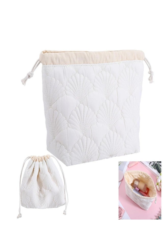 TARINI Quilted Drawstring Makeup Bag, Floral Seashell Cotton Toiletry Bag, Portable Cute Cosmetic Pouch, Travel Storage Organizer for Women Girls White - Image 1