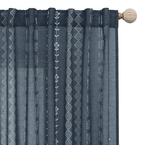 Lino Rosa Dark Blue Curtains for Boys Bedroom,Moroccan Boho Vintage Printed Coastal Curtains for Bathroom Window Living Room 63 Inch Length - Image 1