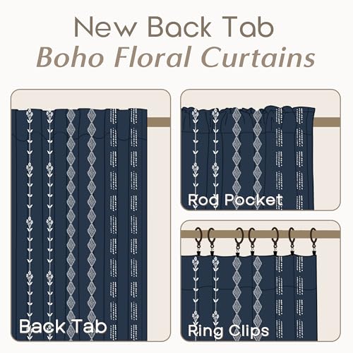 Lino Rosa Dark Blue Curtains for Boys Bedroom,Moroccan Boho Vintage Printed Coastal Curtains for Bathroom Window Living Room 63 Inch Length - Image 3