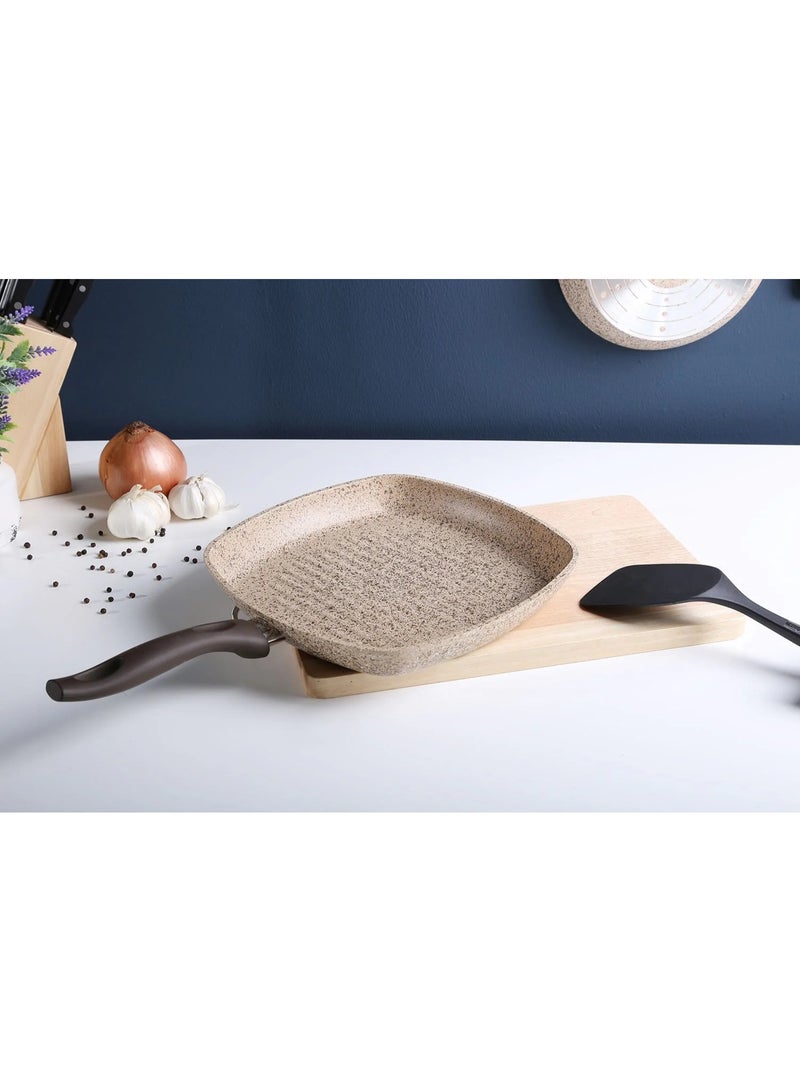 Falez Creamy Grill Pan 28x28cm – Nonstick Granite Square Grill Pan with Cool-Touch Handle – Induction Safe Stone-Look Cookware - Image 1