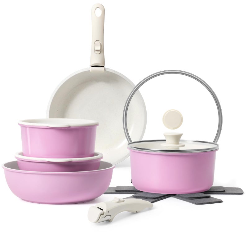 SODAY 15Pcs Pots and Pans Set Non Stick, Cookware Sets with Detachable Handle, Nonstick RV Kitchen Cooking Tools Removable Handles, Oven Safe, Induction Fast, Stackable Induction Cookware, Pink - Image 1