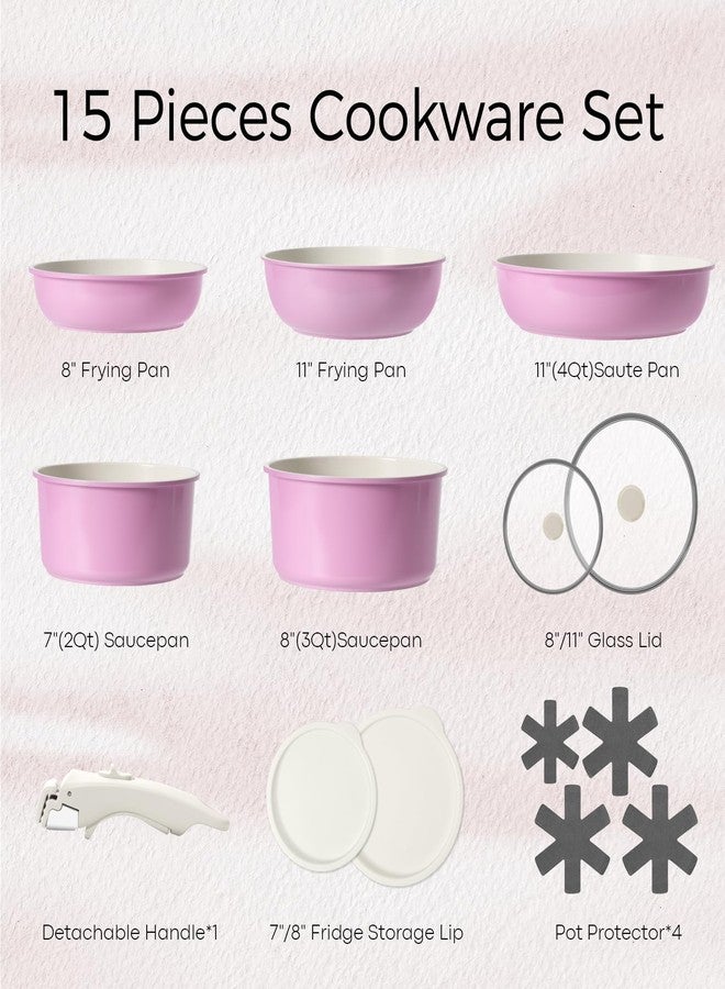 SODAY 15Pcs Pots and Pans Set Non Stick, Cookware Sets with Detachable Handle, Nonstick RV Kitchen Cooking Tools Removable Handles, Oven Safe, Induction Fast, Stackable Induction Cookware, Pink - Image 2