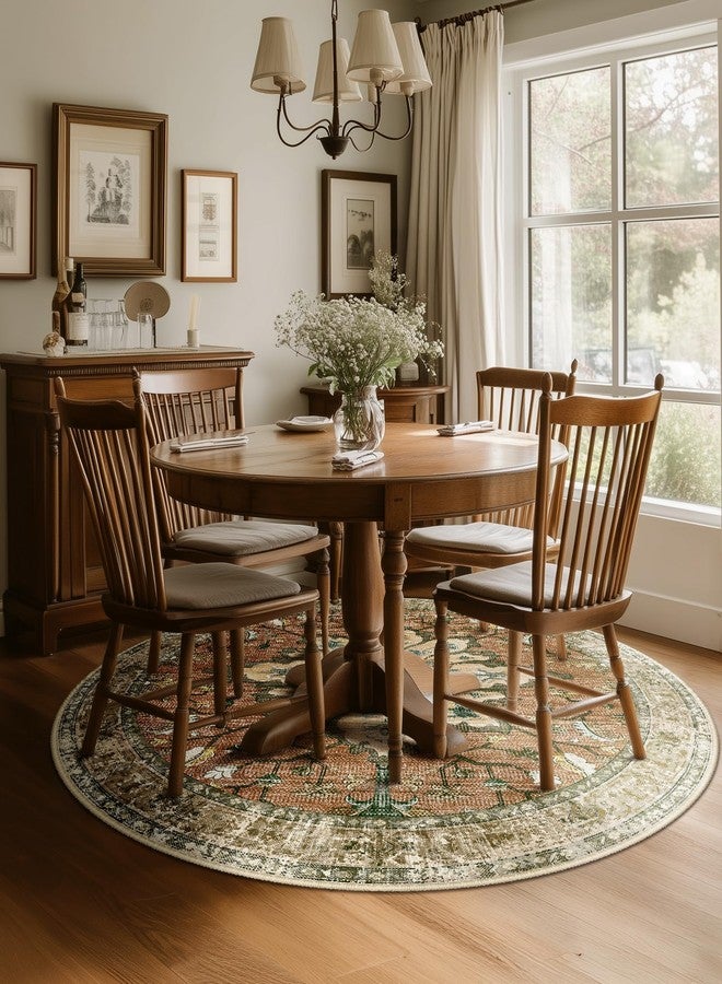 RELEANY Area Rugs 6ft Washable Non-Slip, Floral Vintage Distress Print Pattern Medallion Carpet for Living Room Bedroom Dining Room, Brick Red Rust Neutral Brown Burnt Orange - Image 2