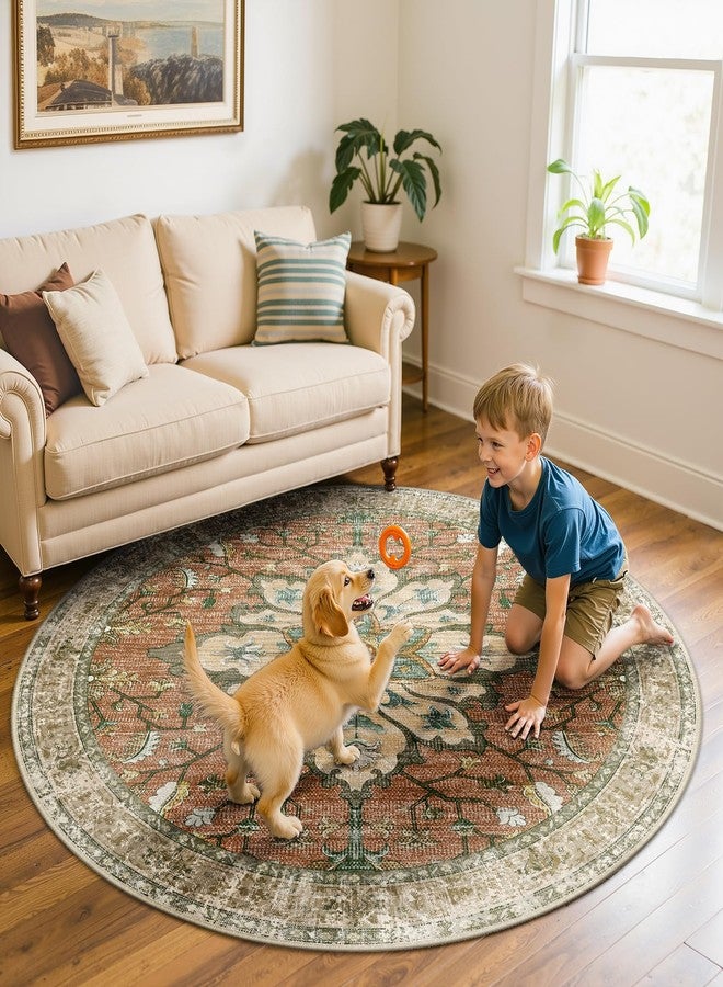 RELEANY Area Rugs 6ft Washable Non-Slip, Floral Vintage Distress Print Pattern Medallion Carpet for Living Room Bedroom Dining Room, Brick Red Rust Neutral Brown Burnt Orange - Image 3