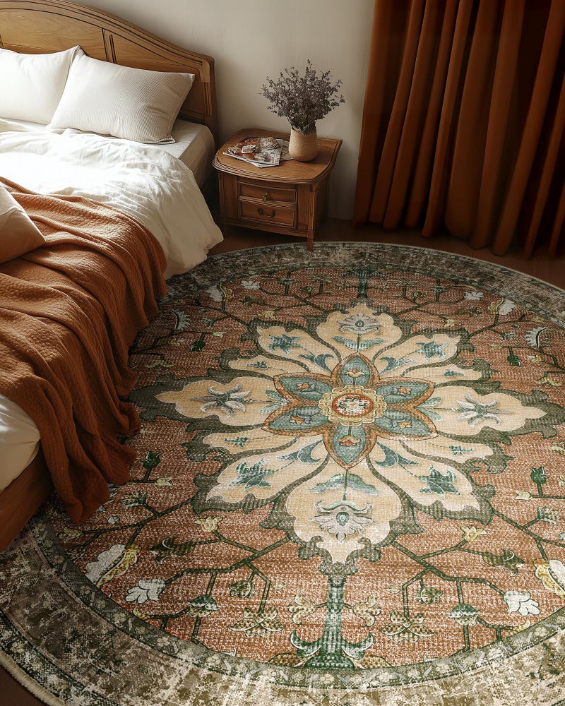 RELEANY Area Rugs 6ft Washable Non-Slip, Floral Vintage Distress Print Pattern Medallion Carpet for Living Room Bedroom Dining Room, Brick Red Rust Neutral Brown Burnt Orange - Image 1