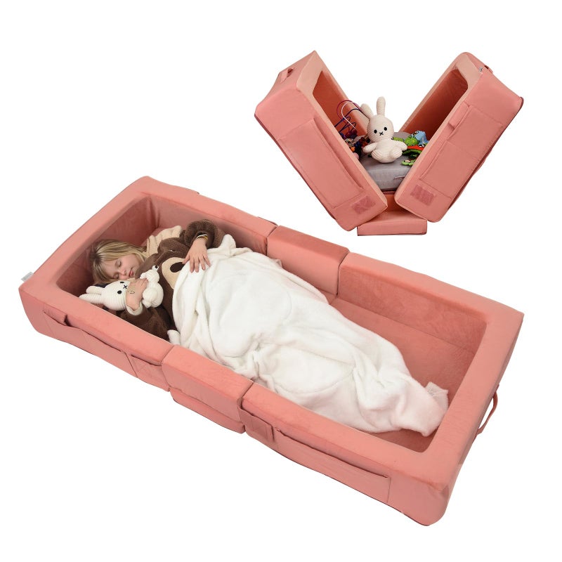 ENITYA Toddler Travel Bed Folding Floor Cot for Travel Portable Kids Bed for Sleeping Washable Toddler Cot for Children 18M  5yr Old Pink