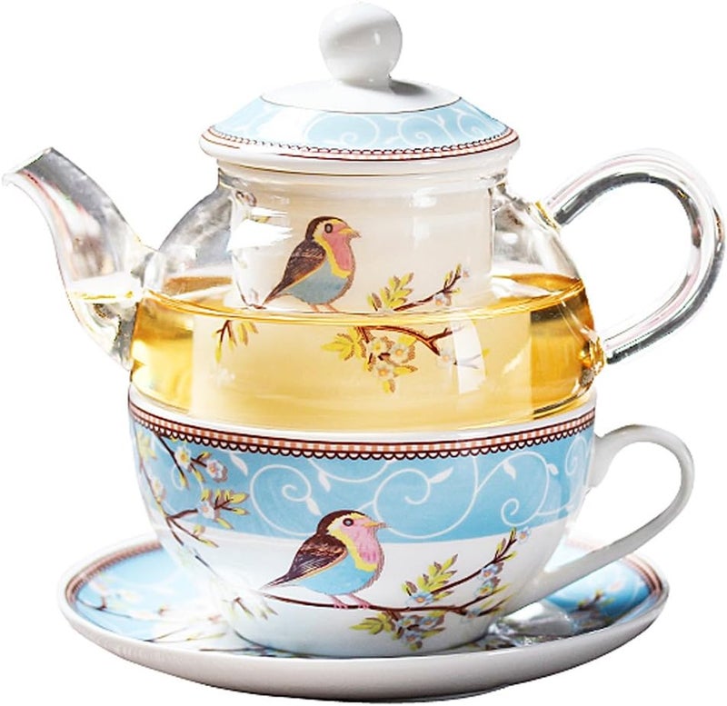 Jusalpha Glass Teapot with a Fine China Infuser Strainer, Cup and Saucer Set,Teapot and Teacup for One, Tea for one #05 (Blue) - Image 1